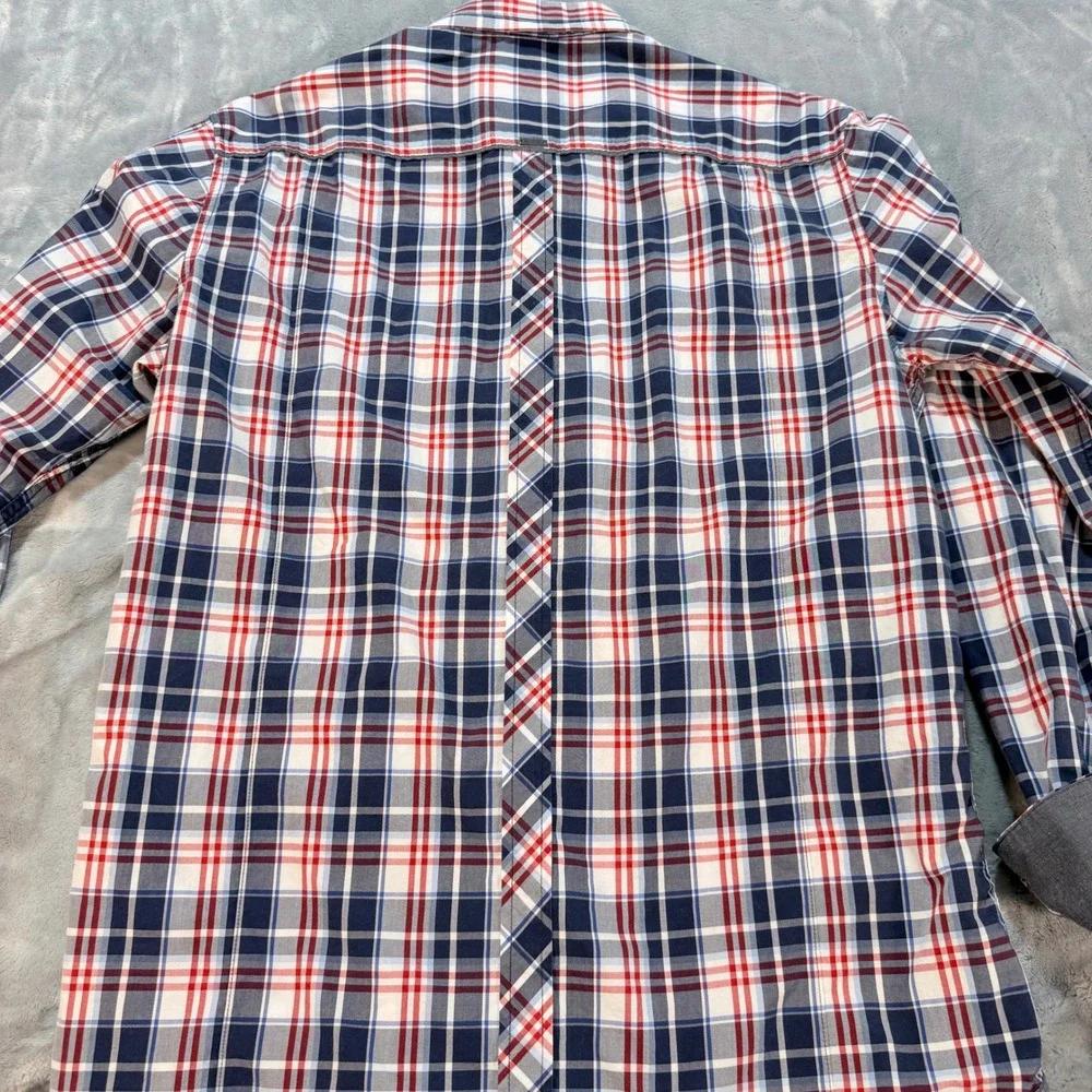 7 Diamonds Plaid Button Down Shirt Men's Large Red Blue White Long Sleeve Casual